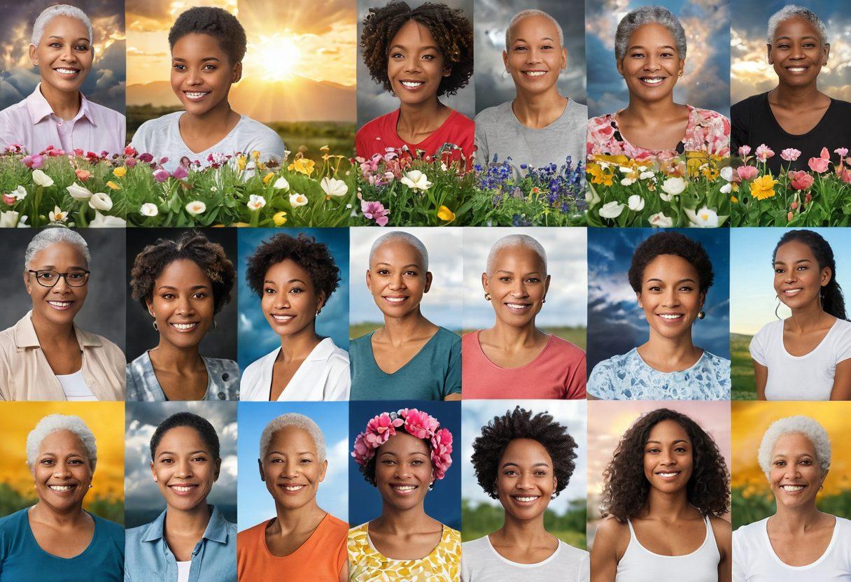 A powerful collage of diverse individuals sharing their cancer survivor stories, each person radiating strength and resilience. Incorporate symbolic elements of hope, such as blooming flowers and sunlight breaking through dark clouds. The background should feature a serene landscape that reflects a journey, like a winding path or a sunrise. Use warm, uplifting colors to convey positivity and advocacy. super-realistic. vibrant colors. soft focus.