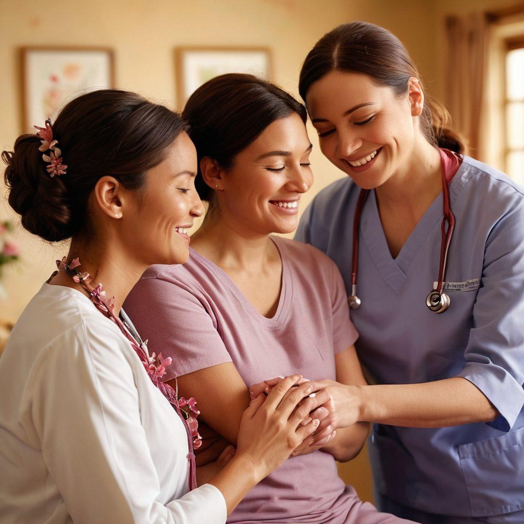 A serene and uplifting scene featuring a diverse group of people engaged in supportive activities, such as a caregiver comforting a patient, friends sharing laughter, and healthcare professionals discussing treatment options. Soft, warm lighting enhances a sense of hope and empowerment, while subtle symbols of strength like ribbons and blooming flowers can be seen in the background. super-realistic. vibrant colors. warm tones.