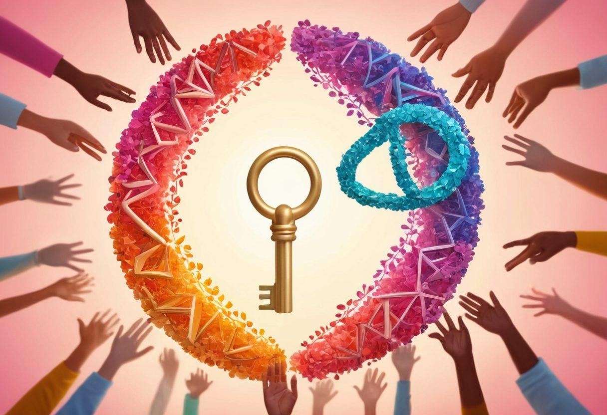 An illuminated key unlocking a vibrant, stylized lock shaped like a DNA helix, surrounded by diverse hands reaching out in support, symbolizing community and care. The background features soft, soothing colors and abstract representations of cancer cells transforming into leaves, symbolizing hope and healing. super-realistic. vibrant colors. soft background.